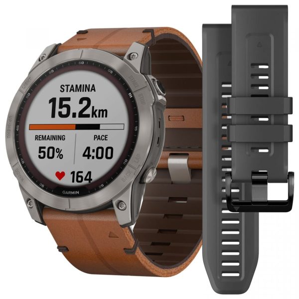 Garmin Fenix 7X – Sapphire Solar Edition (Titanium with Chestnut Leather Band)